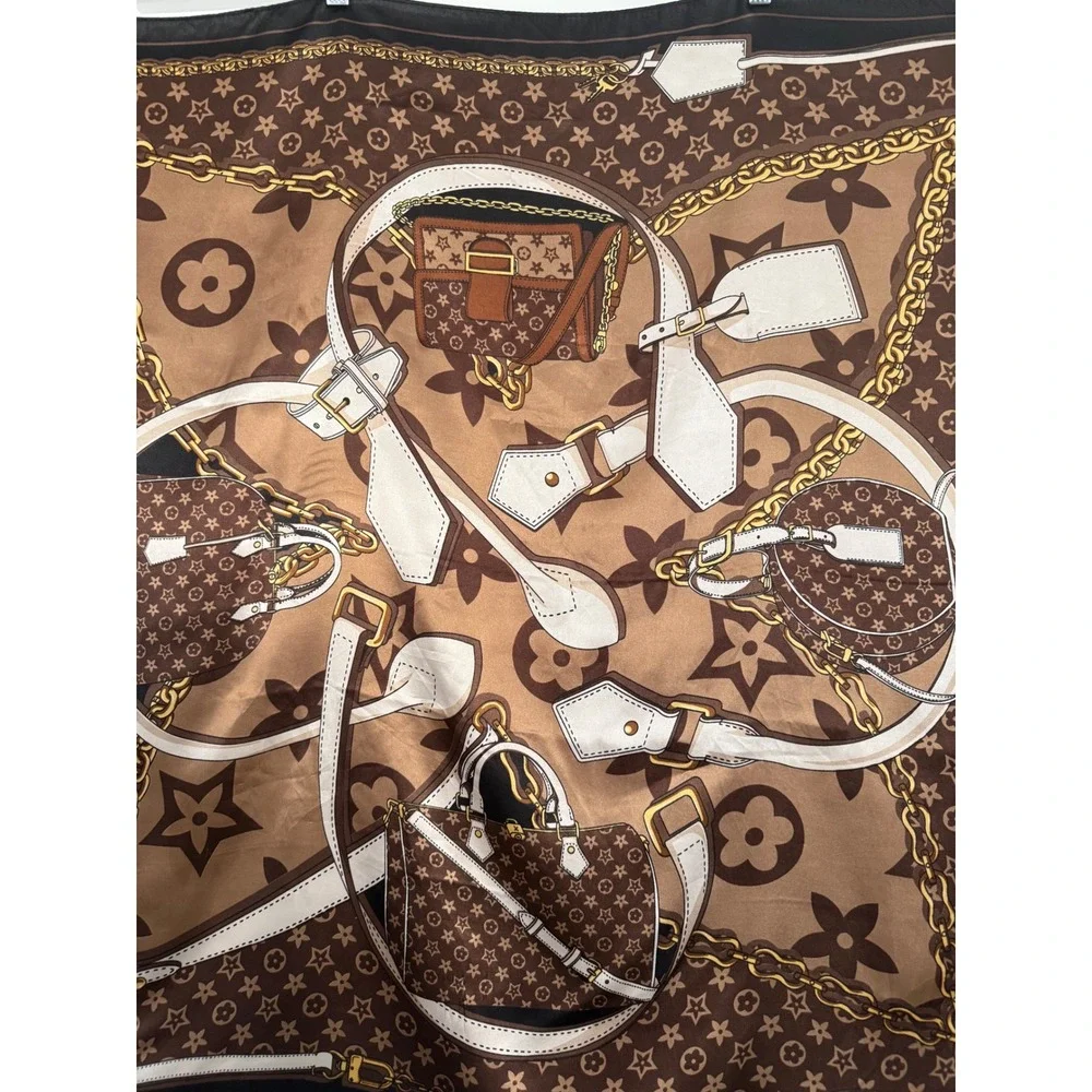 Designer Inspired Monogram Handbag Print Square Scarf Brown Tan Gold Chain